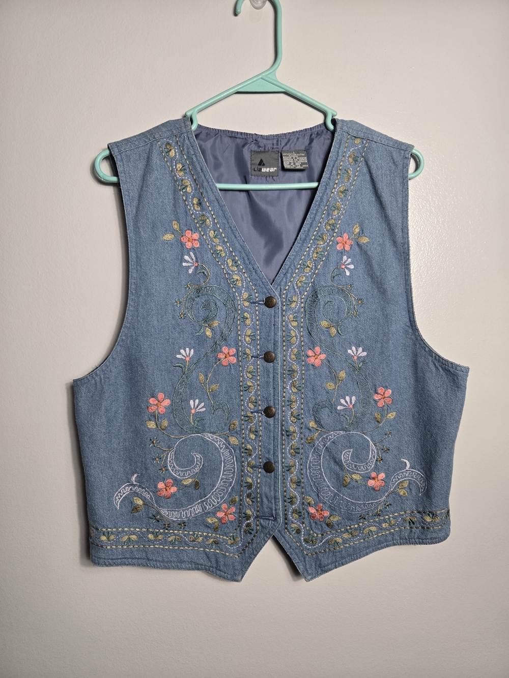 Vintage Lizwear Embroidered Floral Denim Chambray Button Vest Cottagecore Large